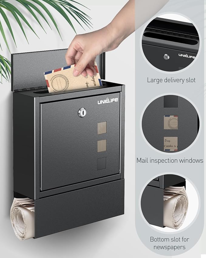 Uniclife Wall Mount Mailbox, Mailboxes for Outside, Large Modern Mail Box with Key Lock, Security Locking Drop Box for Newspaper House Office Outdoor, Black