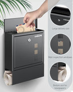 Uniclife Wall Mount Mailbox, Mailboxes for Outside, Large Modern Mail Box with Key Lock, Security Locking Drop Box for Newspaper House Office Outdoor, Black