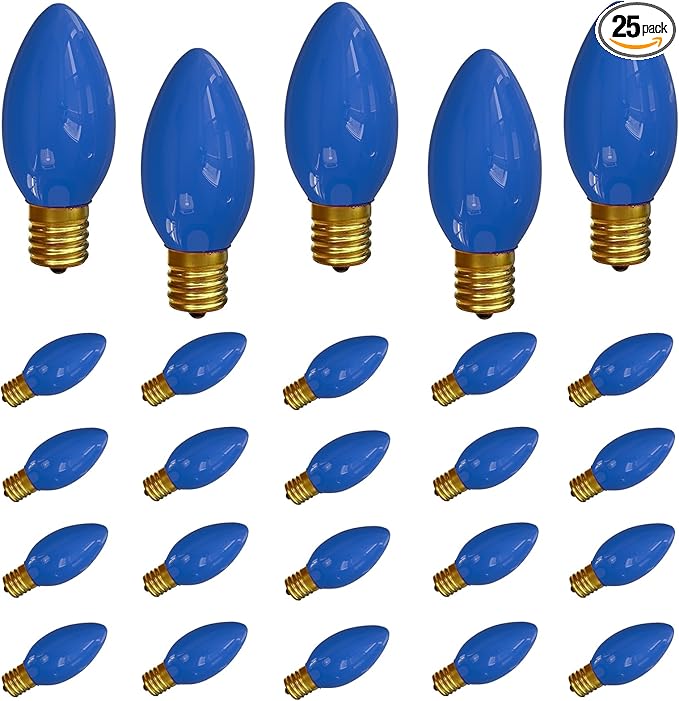 SUNSGNE 25 Pack C9 Christmas Replacement Night Light Bulbs, 7 Watt Incandescent Light Bulbs for C9 Christmas String Lights, Candle Lamps, Night Lights, Blue, E17 Intermediate Base