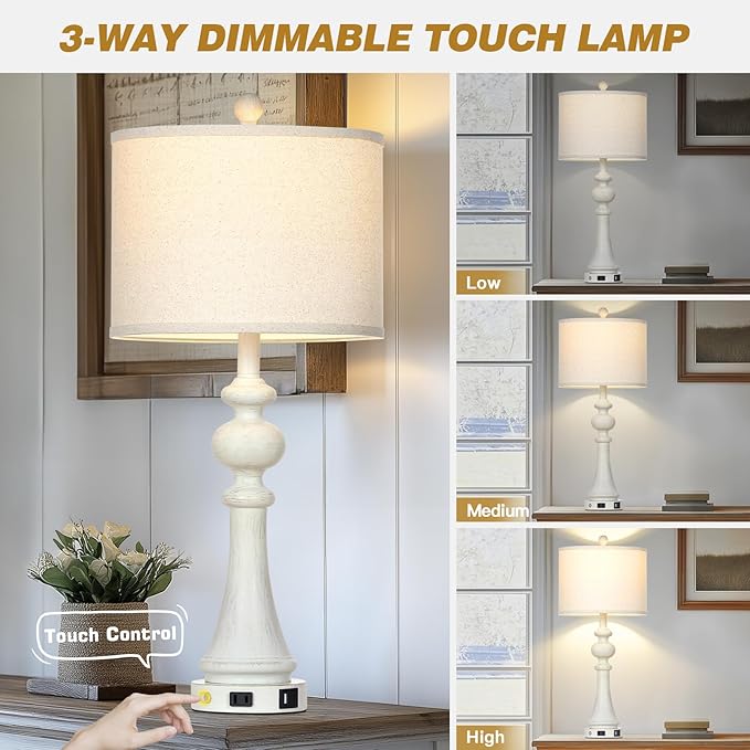 28" Farmhouse Table Lamps Set of 2, Vintage Bedside Lamps with USB A+C Charging Ports & AC Outlet, 3-Way Dimmable Touch Control Nightstand Lamp for Living Room Bedroom Wash White(2 LED Bulbs Included)