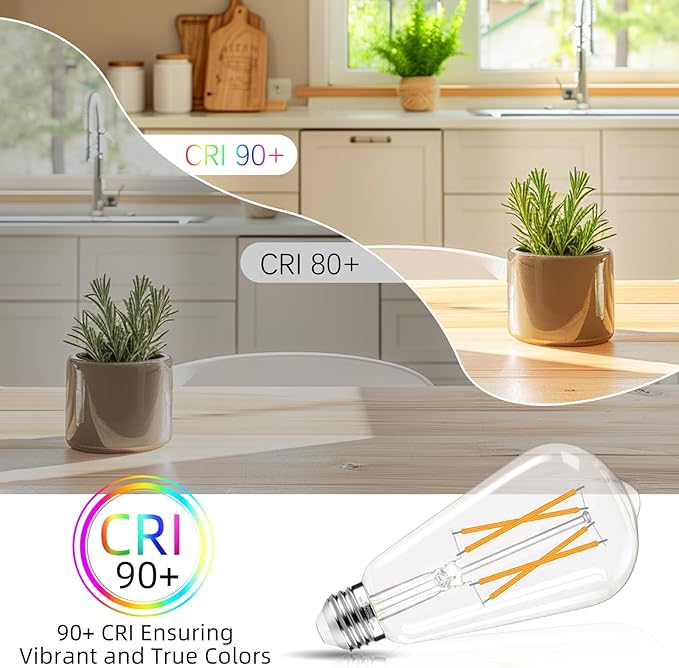 LED Edison Bulbs Dimmable, E26 Bulb 60 watt Equivalent, Soft White 2700K, ST58 Vintage Light Bulbs, 90+ CRI, 6W 600LM, E26 Base, Clear Glass, 6 Pack