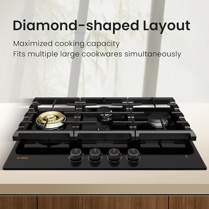 FOTILE GLG30401 30” Black Tempered Glass 4-Burner Gas Cooktop, Tri-Ring 18,000 BTUs Left Burner with Flame Failure Protection Removable Grates and Installation/LP Kit