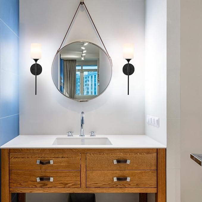 Mid Century Modern Wall Lamp 2 Pack with White Cylinder Glass Shades Matte Black Wall Sconce Bathroom Vanity Lighting Industrial Farmhouse Wall Light Fixtures for Mirror Bedroom Living Room