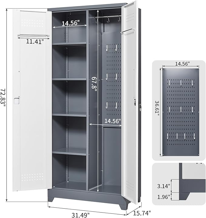 FLEXIMOUNTS 73'' Tall Metal Storage Cabinet with Locking Door, Large Cleaning Tool Organizer for Brooms, Garage, Laundry Room, Bathroom, Grey-White