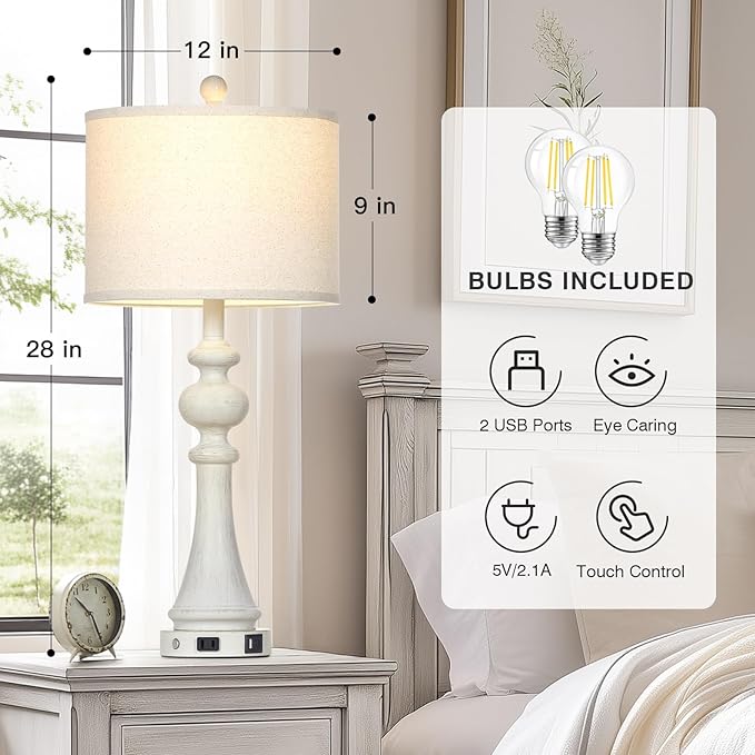 28" Farmhouse Lamps Set of 2, Vintage 3-Way Dimmable Touch Control Table Lamps with USB A+C Fast Ports & AC Outlets, Rustic Traditional Classic Bedside Nightstand Lamps for Living Room Bedroom White