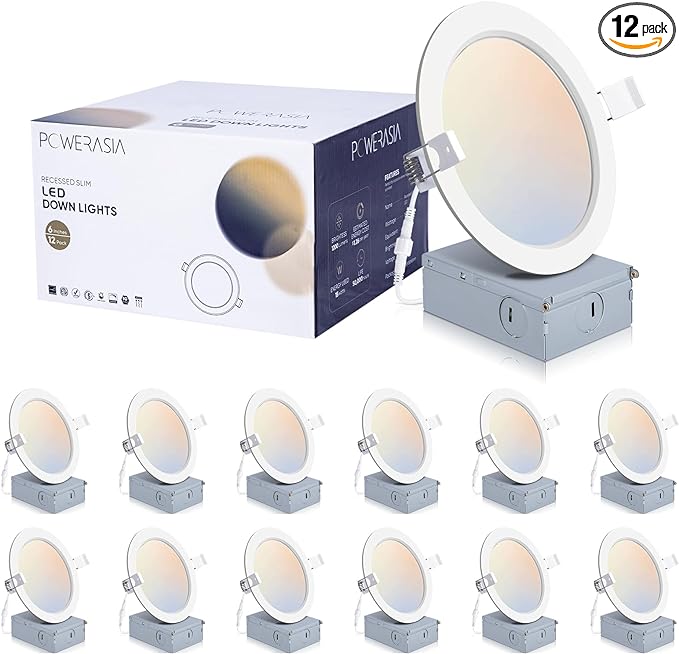 12 Pack 6 Inch Ultra-Thin LED Recessed Ceiling Light with Junction Box, 5CCT Dimmable 2700K/3000K/4000K/5000K/6000K,15W 1200lm Can Killer Downlight-ETL and Energy Star Certified