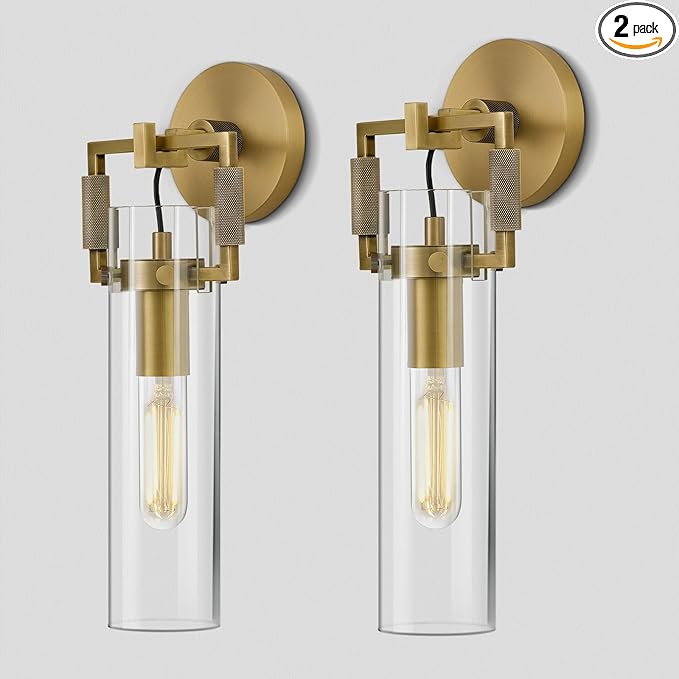 Modern Gold Indoor Wall Sconces Set of 2, 15'' knurled Brass Bathroom Wall Sconces, Glass Bathroom Vanity Light, for Living Room, Bedrooms, Hallway, Staircases, Include Bulb