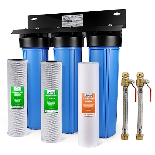 iSpring WGB32B+AHPF12MNPT16X2 3-Stage Whole House Water Filter System, Reduces Chlorine, Sediment Home Water Filtration System w/ 3/4'' Push-Fit Braided Stainless Steel Hose Connectors