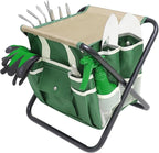 Garden Tool Set, 10 Piece Kit with Heavy Duty Folding Stool, Detachable Storage Tote Bag, Stainless Steel Tools, Gifts for Women Men Green