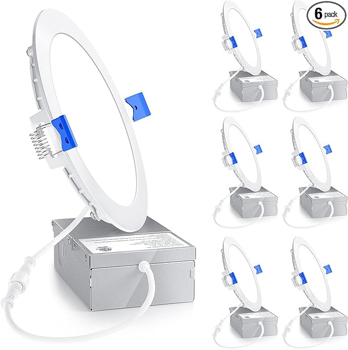 Ensenior 6 Pack 6 Inch LED Recessed Light, Dimmable, 3500K Neutral White, 1050LM High Brightness, 12W 120V, Damp Rated, Ultra-Thin Canless Wafer Ceiling Light - ETL & FCC & IC