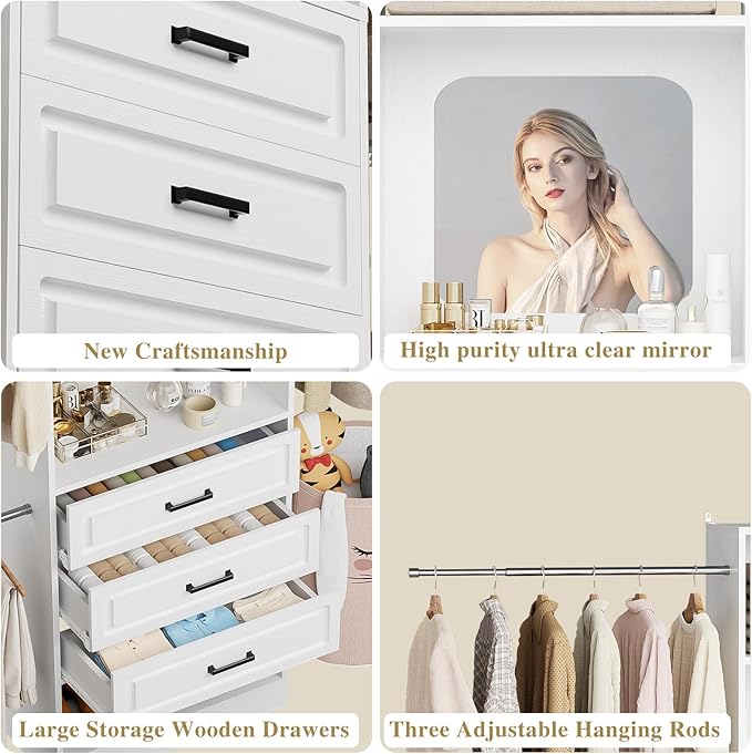 Unikito 48" W - 96” W Closet System with Mirror, 8FT Walk in Closet Organizer Kits with Drawers and 3 Extendable Hanging Rod, Sturdy Wood Clothing Garment Rack with 25” Tower, Max Load 1000 LBS, White