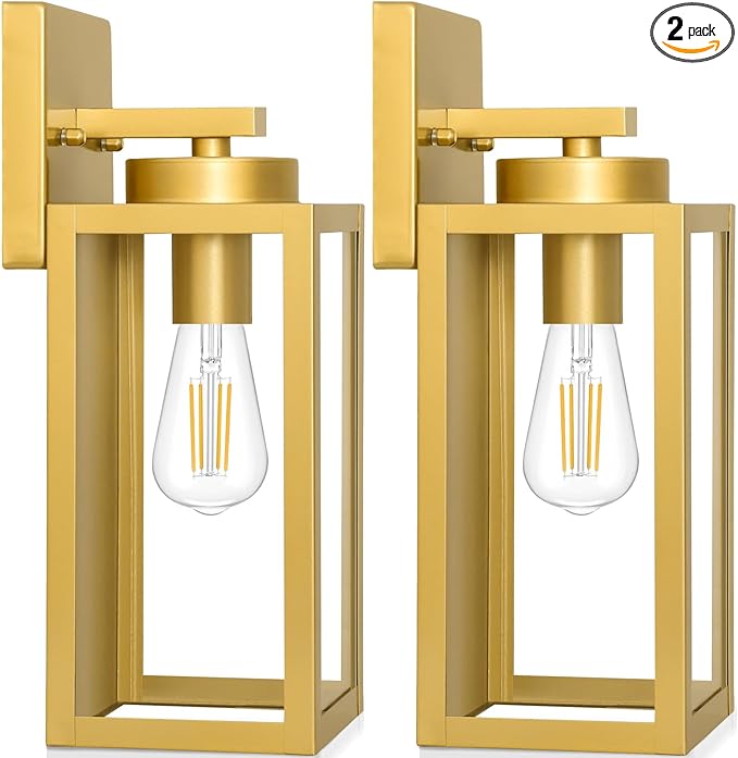 BesLowe 2-Pack Outdoor Wall Light Fixtures, Exterior Waterproof Wall Lanterns, Porch Sconces Wall Mounted Lighting with E26 Sockets & Glass Shades, Modern Wall Lamps for Patio Front Door, Gold
