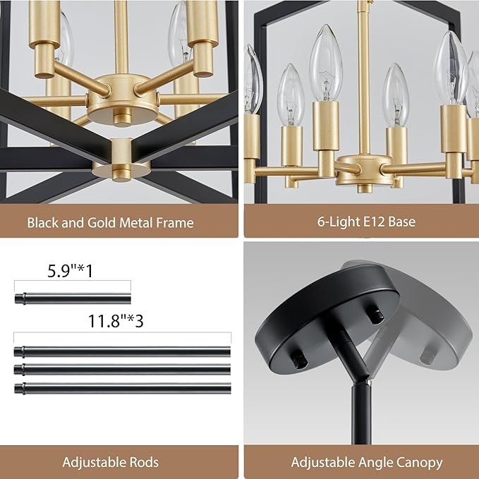 Black and Gold Chandelier 6-Light, Dining Room Light Fixture Geometric Metal Modern Chandelier Lighting for Kitchen Island Living Room Entryway, 20 Inch Pendant Lighting Hanging Ceiling Lamp