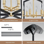 Black and Gold Chandelier 6-Light, Dining Room Light Fixture Geometric Metal Modern Chandelier Lighting for Kitchen Island Living Room Entryway, 20 Inch Pendant Lighting Hanging Ceiling Lamp