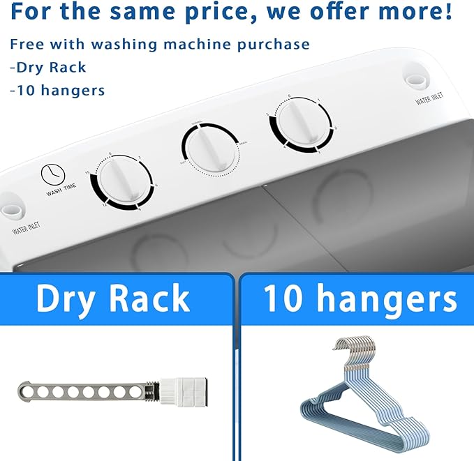 Portable Twin Tub 18lbs Washing Machine with Drying Rack and 10 Hangers, 11lbs Washer Mini Compact Laundry Machine with 7lbs Spinner, Semi-automatic Washer Combo for Dorms, Apartment
