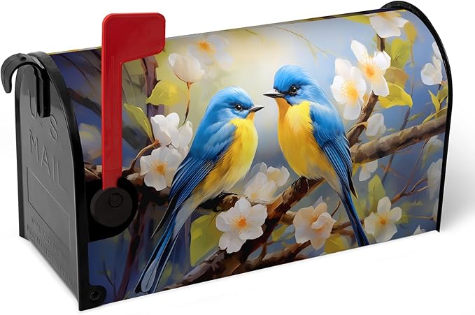Summer Bird Floral Mailbox Covers Magnetic Spring Bluebirds Flower Mailbox Cover Standard Size 21x18 Inch Mailbox Wraps Outdoor Decoration Post Letter Box Cover for Garden Yard