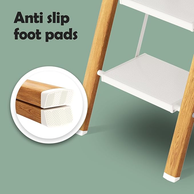 Taranta 3 Step Ladder,Aluminum Lightweight Folding 3 Step Stool with Anti-Slip Wide Pedal,330lbs Capacity Step Ladder for Household,Kitchen,Office - White Woodgrain