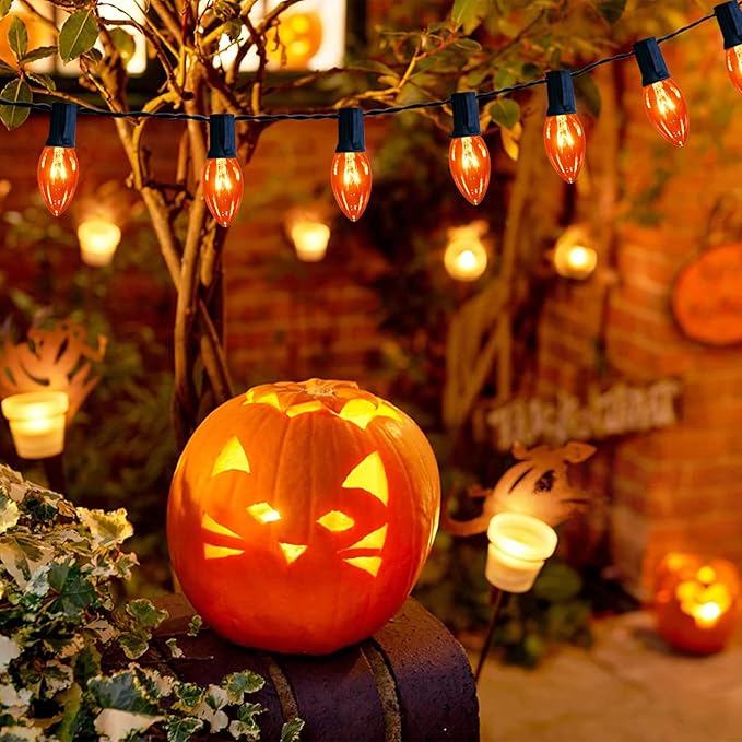 25 Pack C9 Orange Replacement Bulbs, C9 Incandescent Replacement Bulbs for Outdoor Indoor Patio Halloween Christmas String Lights, C9/E17 Intermediate Base Bulbs, 7 Watt, 120 Volt