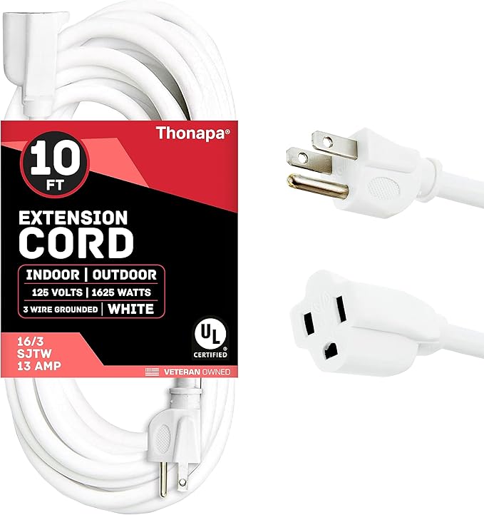 10 Ft Extension Cord with 3 Prong - White 10 ft Great for Indoor & Outdoor - 16/3 SJTW Weatherproof Extension Cord