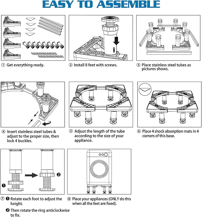 SEISSO Mini Fridge Stand Height 7"-8.2". Upgraded 8 Heavy Duty Feet Adjustable Washing Machine Stand, Load Capacity 992LB. Refrigerator Stand, Washer and Dryer Stand for Home Width 17.7"-25.6"