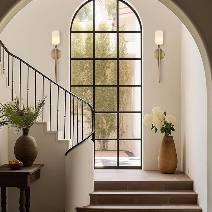 Alabaster Wall Sconces Set of Two, 22in Modern Spanish Natural Marble Bathroom Vanity Sconces, Brass Alabaster Sconce Wall Lighting, Gold Wall Light Fixtures Decor for Bedroom Living Room Staircases