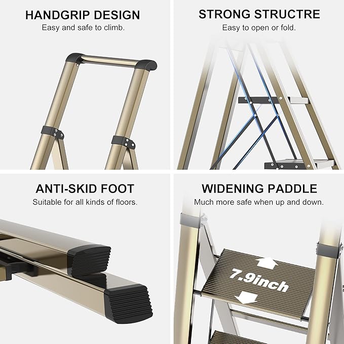 GameGem 6 Step Ladder for 12 Feet High Ceiling, Lightweight Aluminum Folding Step Stool with Convenient Handgrip, Stepladders with Anti-Slip and Wide Pedal for Home Use Space Saving - Gold