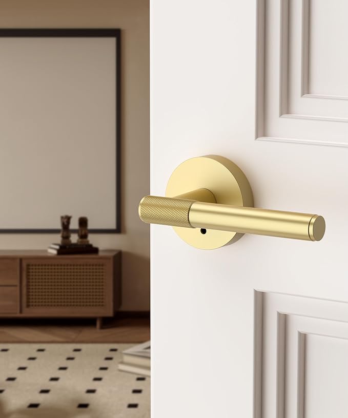 Asidrama 8 Pack Privacy Gold Door Knob with Lock, Brushed Gold Door Handles Interior for Bedroom or Bathroom, Heavy Duty Door Lever with Reversible Interior Door Handle for Left Right Sided Doors