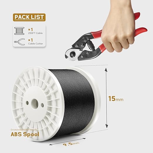 250FT 1/8" T316 Black Stainless Steel Cable, Black Wire Rope Aircraft Cable for Deck Cable Railing Kit, DIY Balustrades, 7x7 Strands Construction, Comes with a Cutter