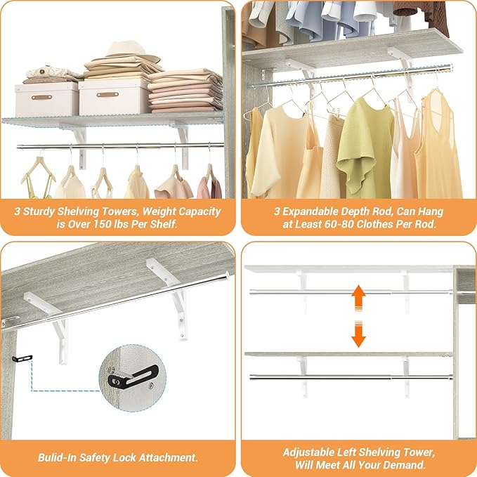 8FT Closet System with Shelves, 96'' Closet Organizer System with 3 Hanging Rods, Wall Mount Bedroom Wardrobe Walk-in Closet, Adjustable Cloth Garment Rack from 5 to 8FT(Cut to Fit), White Oak