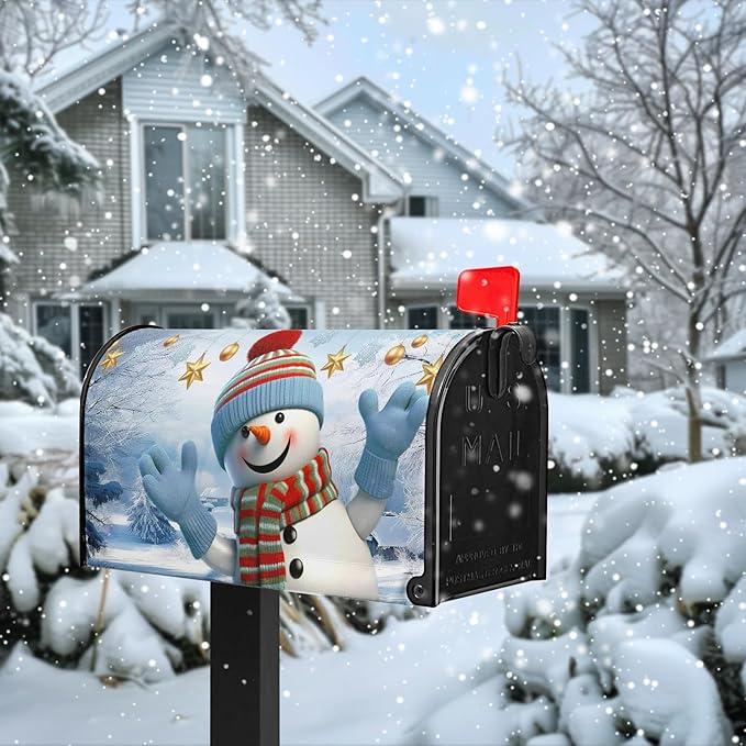 Snowman Winter Mailbox Covers Magnetic Large Size 25.5x21 Inch Snowflakes Holiday Mailbox Cover Oversized Outdoor Decor Farmhouse Post Letterbox Wraps for Garden Yard