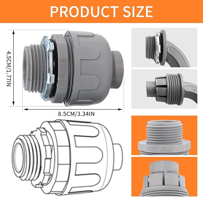 200Pack 1/2 Inch Liquid Tight Connector PVC Electrical Conduit Fittings Straight 180 Degree Flexible Conduit Connector for Home Kitchen Bathroom Tube Tool Supplies