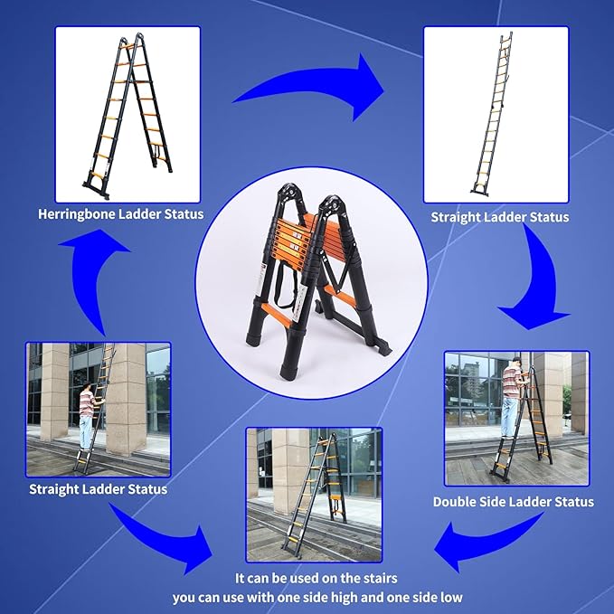 JADDUO 16.5FT A-Frame Telescoping Ladder Aluminum Compact Extension Ladder with Tool Platform & Stabilizer Bar Portable RV Ladder for Camper/Motorhome, 330lbs (Black)