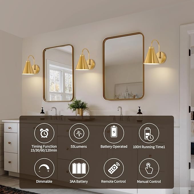 Vintage Cordless Gooseneck Battery Operated Wall Sconces Set of 2, Gold Bedside Battery Powered Wall Decor Lamps with Remote Control, Wireless Indoor LED Lights Fixture for Bedroom Hallway