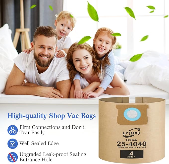 5 Pack DXVA25-4040 Vacuum Bags for DEWALT 4 Gallon Wet/Dry Vacuum, Disposable Shop Vac Bags, Dust Collection Bag Replacement