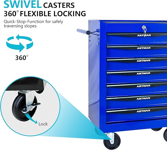 7 Drawers Rolling Tool Box on Wheels, Multifunctional Tool Chest Cabinet with Lock, Drawers Rolling Tool Cart Trolley Organizer Tool Storage Case for Warehouse,Garage,Workshop (Blue)