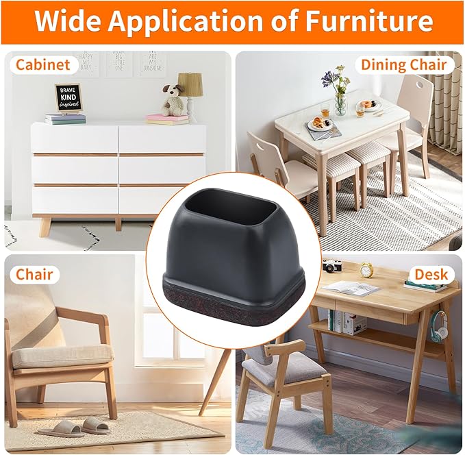 Ezprotekt 8 Pcs Rectangle Black Silicone Chair Leg Floor Protectors with Felt, Rectangle Chair Leg Caps, Furniture Leg Covers Cups for Chair Table Desk (Fit L :1.3-1.7", W: 0.9-1.2")