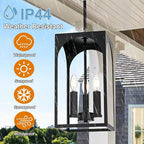 VINLUZ 3 Lights E12 Outdoor Pendant Lighting Fixture in Black Finish Finish, Farmhouse Hanging Lantern Chandelier with Clear Glass Shade for Porch Entryway Hallway