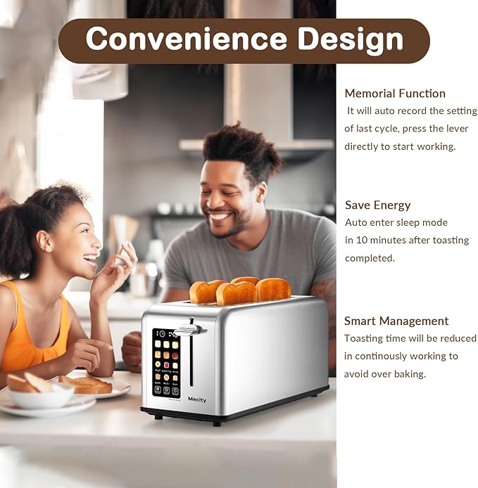 Mecity 4 Slice Toaster Touch Screen 1.5" Long Slot, Stainless Steel Smart Bread Toaster for Bagel Muffin Waffle Gluten Free Breads, Timer, Defrost, Reheat, 120V 1400W