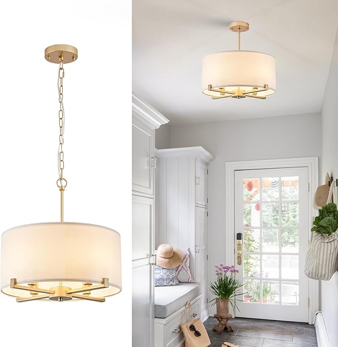 Modern Drum Chandelier 18” White and Gold Pendant Light Fixture Round Fabric Shade 4 Lights Semi Flush Mount Hanging Ceiling Chandelier for Dining Room Bedroom