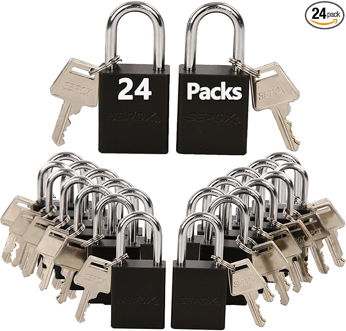 SEPOX® Ultra-Durable Anti-Rust Outdoor Keyed Different Padlocks - Black 38mm (1-1/2") Long Shackle, 24-Pack w/ 3 Big Keys Each, Ideal for Gate, Storage, Locker, Fence & Lock-Out
