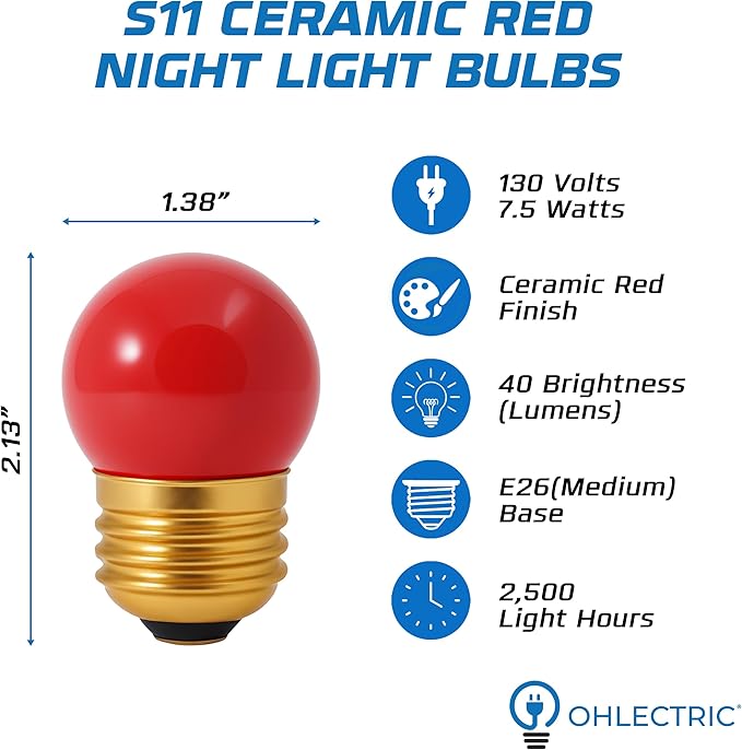 OHLECTRIC 10 Pack - S11 Ceramic Red Night Light Bulbs | Dimmable | 7.5W Incandescent Light Bulb with E26 Medium Base | 40 Lumens Brightness | 2700K Warm White Light for Home Illumination