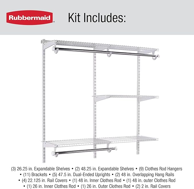 Rubbermaid Configurations Custom Closet Kit 6-10 Ft. Adjustable Metal Wire Shelving White Finish Expandable Organization System Hardware Included for Home Closet/Pantry/Laundry/Mudroom