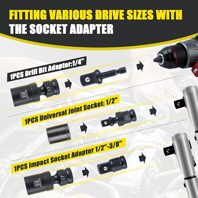 16 PCS 1/2" Drive Swivel Socket Set, Impact Swivel Socket Set, Universal Impact Socket Set, Wobble Socket, 6-Point, Metric, 10-22mm, CR-MO, with Extension Bars and Adapter