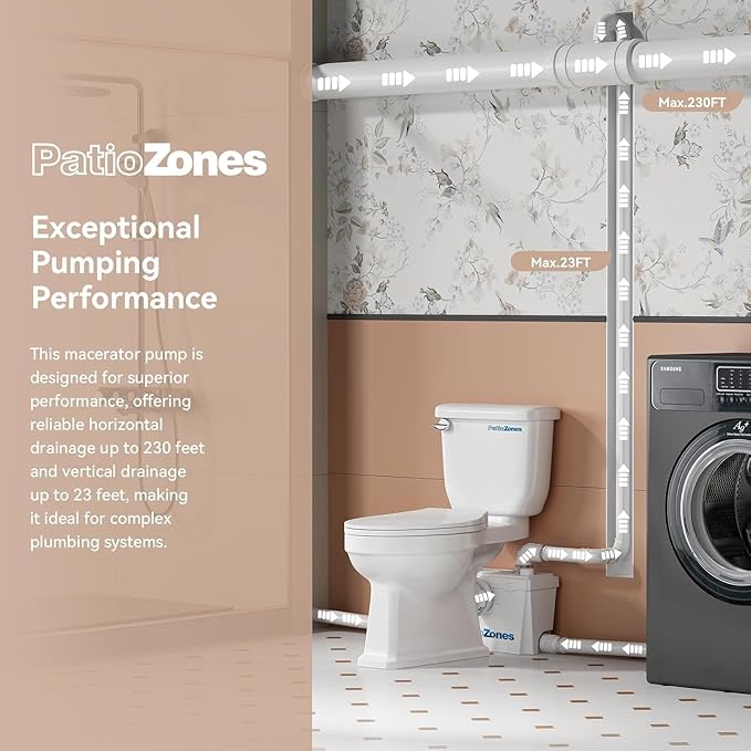 Macerator Pump, Sewage Upflow Grinder Pump with Durable Copper Motor, 4 Inlets for Basement Toilet, Sink, Shower, Washer, Household/Residential Waste Water Upflush System, 23 ft Head Lift, Low Noise