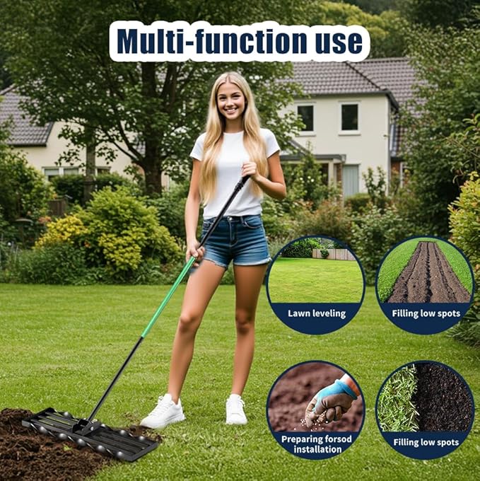 Lawn Leveling Rrakes (17x10 inch),Lawn Leveling Tool ,Spiral Patented Design with a 72" Handle rake, Suitable for backyards, Gardens, Golf Courses, Farms, Pastures