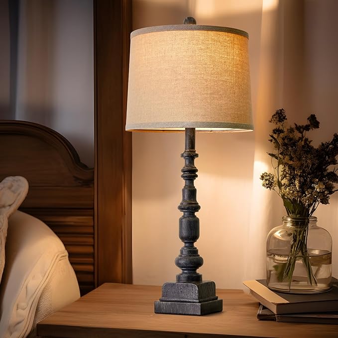 Oneach 27.75” Vintage Farmhouse USB A+C Table Lamps Set of 2 for Living Room Bedroom Traditional Bedside Nightstand Lamp Retro Resin Lamps Linen Shade Nightstand Home Office Antique Black Accent