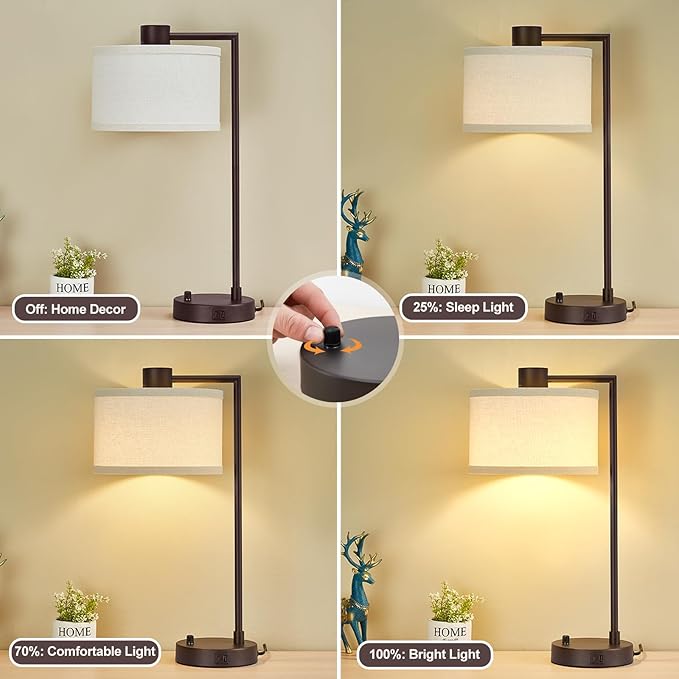 Luvkczc Table Lamp for Bedroom Set of 2 with USB C+A Ports - Fully Stepless Dimmable Bedside Lamp with Linen Lampshade - Contemporary Lamp for Living Room Reading Office, 2 Bulbs Included (Red Brown)