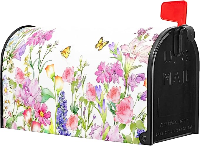Kawani Spring Magnetic Mailbox Covers Spring Summer Watercolor Floral Butterfly Mailbox Covers Magnetic Standard Size 21x18 Inch Rustic Flower Post Letter Box Cover for Garden Yard Decor