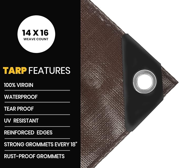 PROTARP Extra Heavy Duty 16 Mil Tarp Cover, Waterproof, UV Resistant, Rip and Tear Proof, Poly Tarpaulin with Reinforced Edges for Roof, Camping, Patio, Pool, Boat. (Brown/Black 30′ X 40′)