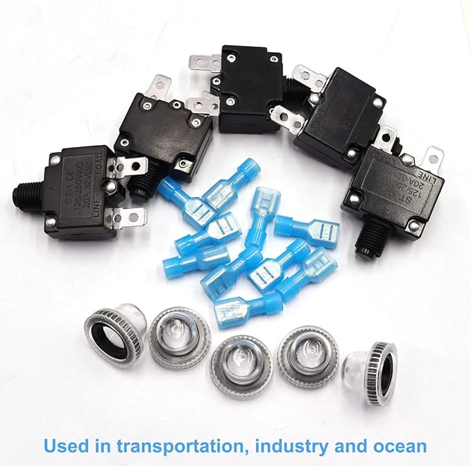 mxuteuk 5Pcs 20Amp Circuit Breakers Push Button Manual Reset 125/250V AC 32V DC,Overload Protector Switch Thermal Circuit Breakers with Quick Connect Terminals and Waterproof Button Caps ST1-5-20A